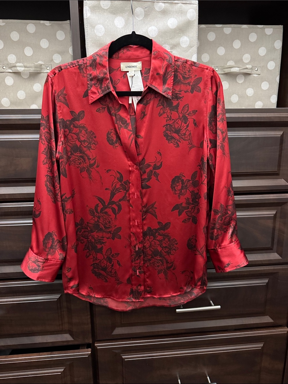 L'AGENCE Red Satin Floral Button-Down Shirt